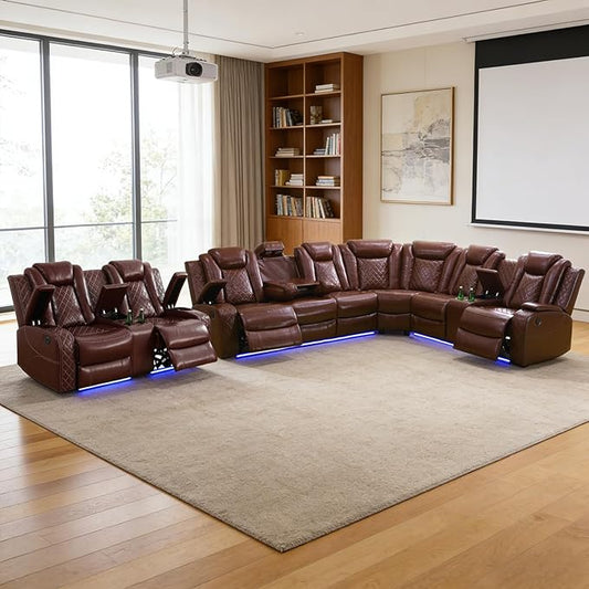Power Recliner Sectional Sofa Set, Brown Leather Sectional Couch and Loveseat for Living Room, L Shape Reclining Sofa with Cup Holder, Hidden Storage, Coffee Table for House(8 Seat)