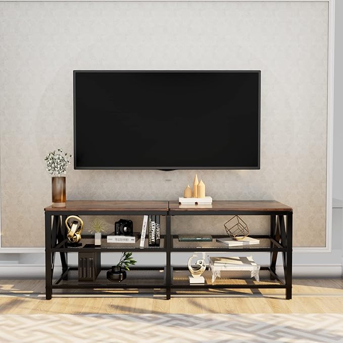 TV Stand for TVs up to 65 Inch, 55" Long Industrial TV Console Table with 3-Tier Storage Shelves, Entertainment Center for Living Room, Bedroom (Brown)