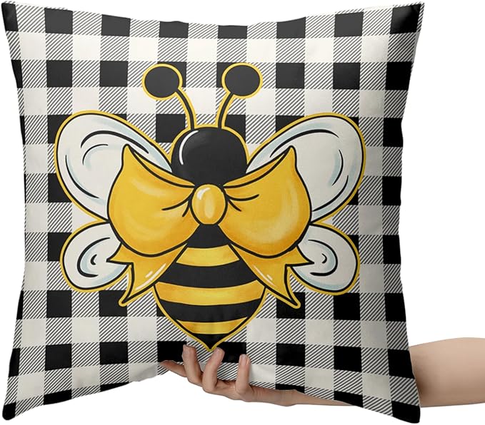 Yellow Bumble Bee Pillow Covers 18x18 Set of 2 Black White Buffalo Plaid Pillow Covers Summer Spring Themed Decorative Cushion Cases Home Decor for Couch Bed Holiday