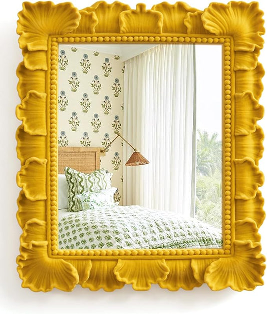 Mirror Wall Decor with Resin Leaf Frame and Flocking Finish for Warm Room Makeover, 14x12 Decorative Wall-Mounted Mirror for Bathroom Hallway Entryway Staircase Art Gallery (Yellow-Orange)
