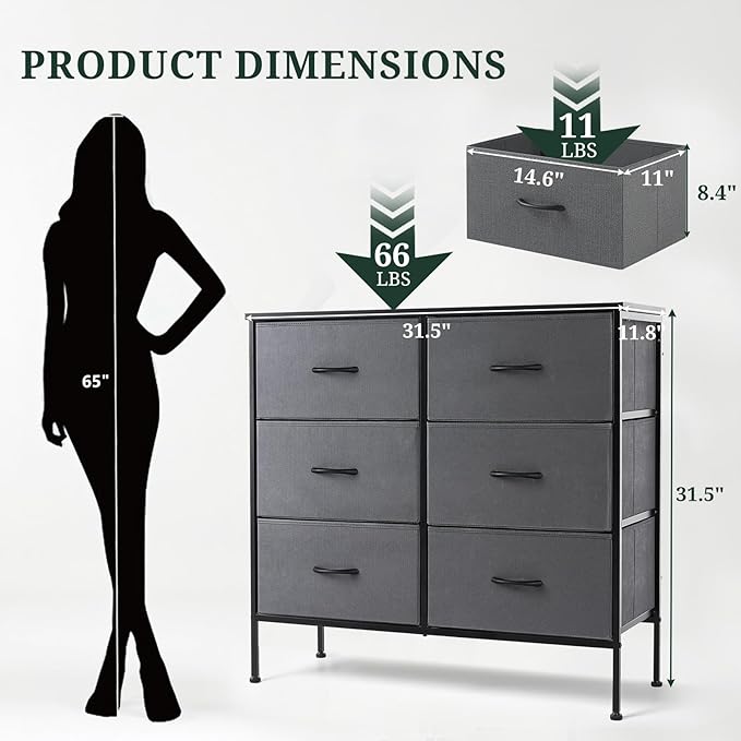 6-Drawer Dresser for Bedroom, Anti-Tip Wide Storage Organizer Chest of Drawers with Wooden Top and Metal Frame Fabric Bins for Closet, Living Room, Hallway, Entryway, Gray