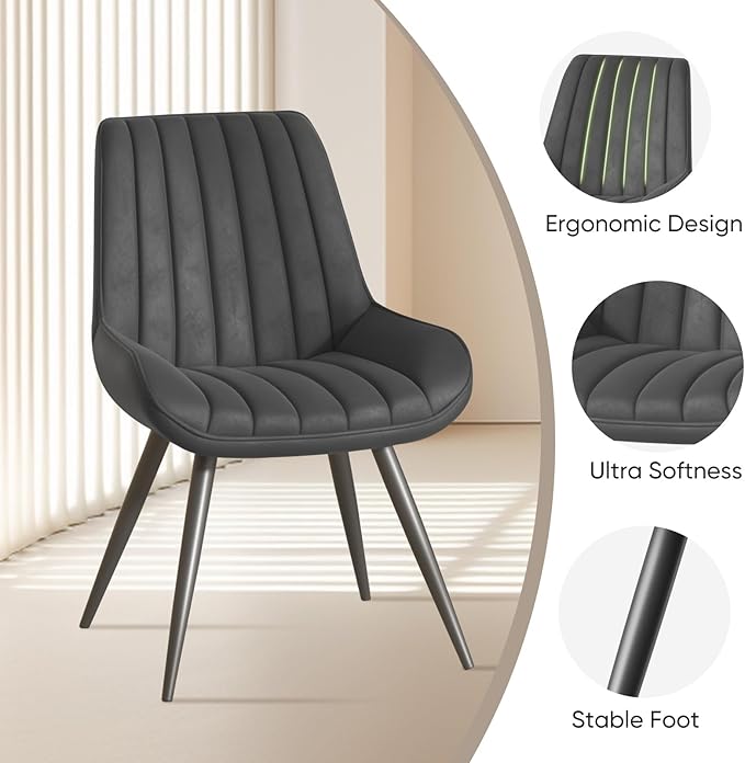 Nalupatio Modern Dining Chairs Set of 4, Comfy Dining Room Chairs with Thick Cushions, Upholstered Fabric Kitchen Side Chairs with Metal Legs, Dark Grey