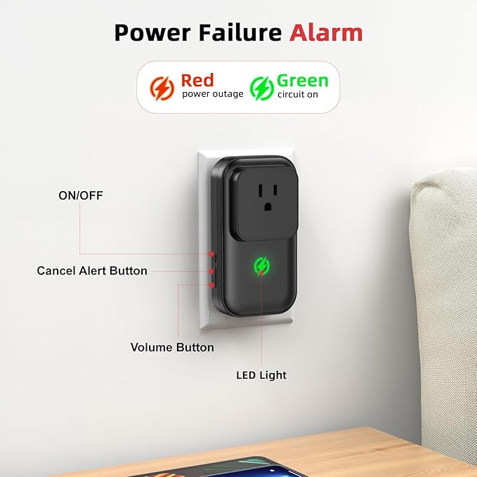 Power Outage Alarm, BESIMLIVE Frezzer Power Failure Alarm with 110dB Adjustable LED Indicator 12H Alert Power Out Detector Alert for Refrigerator, Sump Pumps (Black-1 PCS)