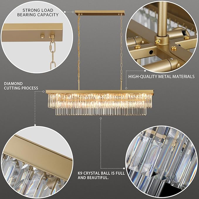Crystal Chandeliers for Dining Room Light Fixtures Over Table，18-Lights Gold Modern Rectangle Chandeliers for Kitchen Island Bar L46 Inch