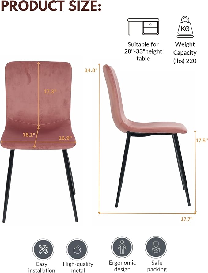 FurnitureR Scandinavian Dining Chairs Set of 4, Comfy Side Chair with Velvet Seat Sturdy Metal Legs for Kitchen Living Bed Room, Rose
