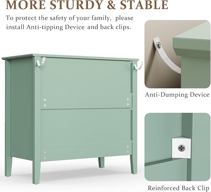 Large Sage Green 3 Drawer Dresser, Painted 30 Inch Tall Wood Nightstand with Storage, Wide Modern Chest of Drawers with Ball Bearing Slide for Bedroom Hallway Living Room Entryway Office