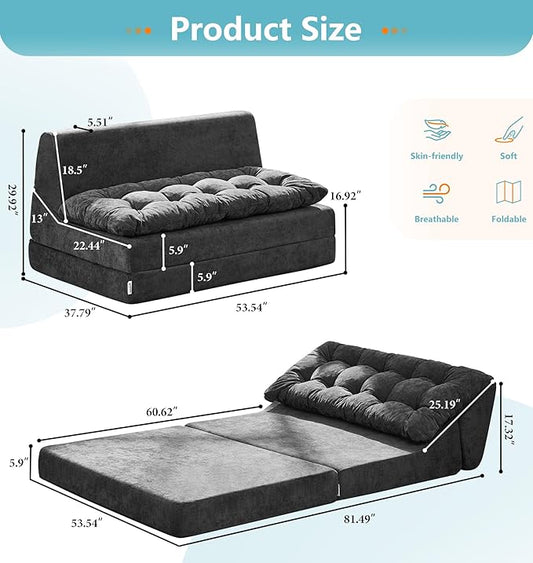 Hobestluk Sofa Couch Folding Sofa Bed Sleeper Comfy Floor Lounger Loveseat Sofa with Removable Cushion Couches Foldable Mattress for Living Room Bedroom or Office (Chenille Grey, Oversize)
