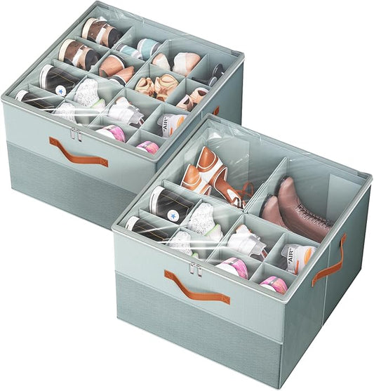Shoe Organizer for Closet,2 Pack Foldable Shoe Storage Organizer Box Bin with Adjustable Dividers and Clear Cover, Fits up to 16-32 Pairs（Grey）