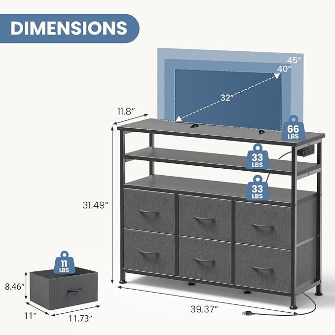 DUMOS TV Stand for Up to 45 inch TV, Wood Top TV Media Console Table with 6 Fabric Drawers, 2 Shelves, Entertainment Center with LED Lights & Charging Station for Living Room, Hallway, Grey
