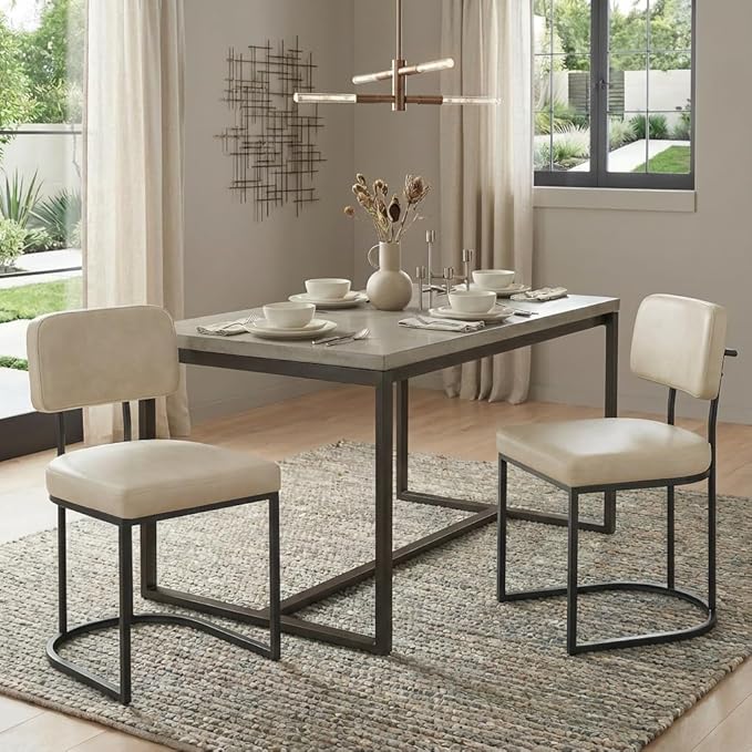 Dining Chairs Set of 2, Upholstered Modern Kitchen Chairs with Ergonomic Backrest, Faux Leather Cushion Seat & Curve Metal Legs for Living Room, Restaurant, and Café, Beige