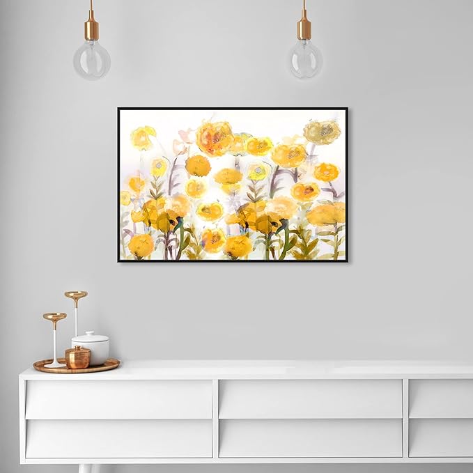 The Oliver Gal Artist Co. Floral and Botanical Wall Art Framed Canvas Prints 'Bella Garden Poppy Yellow' Gardens Black Floating Frame 36" x 24"