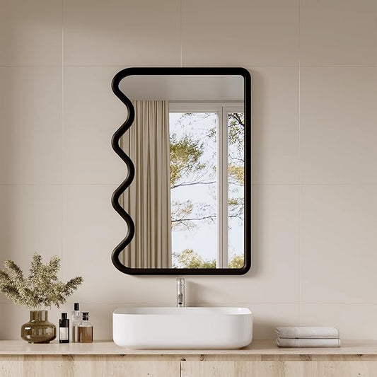 ULIKE Wavy Mirror for Wall, Rustic Wood Mirror for Bathroom Vanity, 24x36 Wooden Wall Mirrors Decorative for Bedroom, Living Room, Entryway, Black
