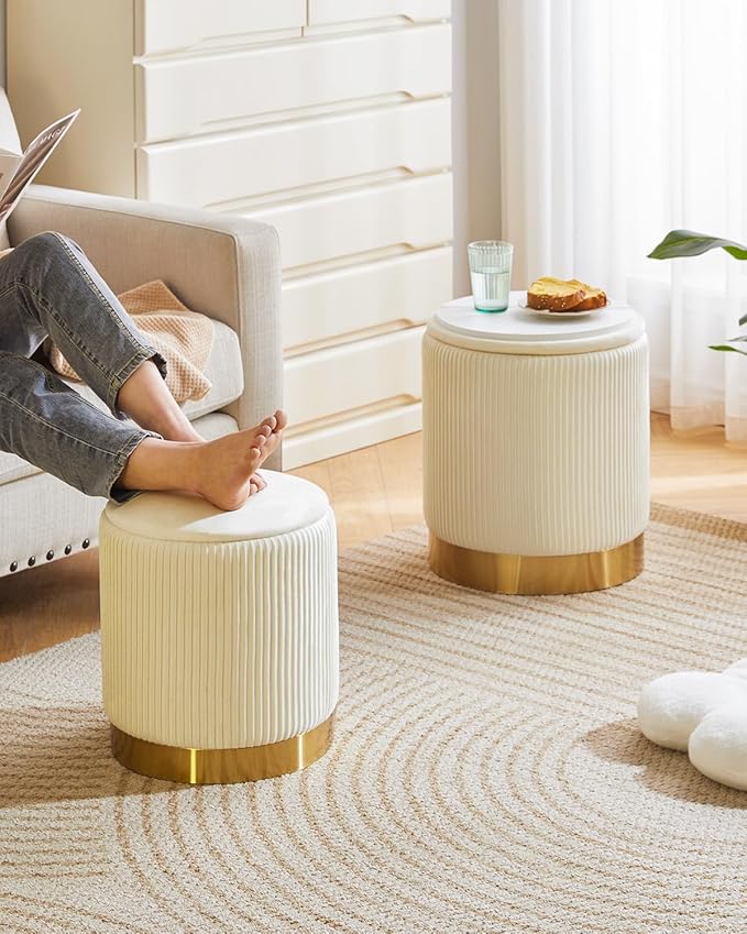IBUYKE Round Storage Ottoman Set of 2 Ottoman for Dorm Vanity Stool with Storage Velvet FootStools End Table Boucle Ottoman for Home Organization White UWBD016W