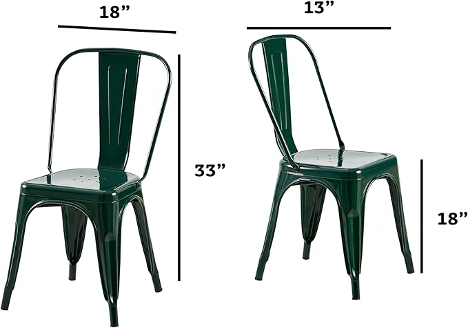 AC Pacific 18 Inch Seat Height Industrial Metal Dining Chairs, Stackable Kitchen or Bar Seat, Durable Modern Design, Versatile Accent Furniture, Set of 2, Dark Green