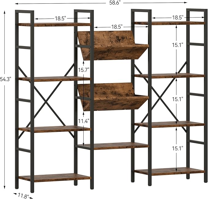 GAOMON Triple Wide 4 Tier Book Shelf, 54.3” Large Bookcase with 11 Open Shelves, Industrial Bookshelves and Bookcases with Metal Frame for Home Office, Study Room, Living Room-Rustic Brown