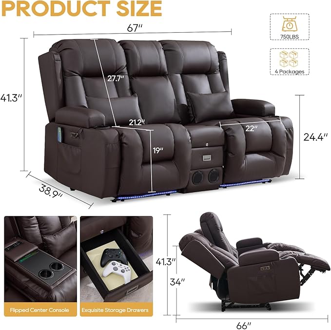 IPKIG Power Recliner Sofa with Flip-Up Backrest Console, USB & USB-C Ports, AC Outlet, LED Lights, Wall Hugger Recliners for Living Room, RV (Chestnut, 67" - 2 Seat) | Breathable Leather, Zero Gravity, Dual Reclining, 2 Lumabr Pillow, Bluetooth Speakers