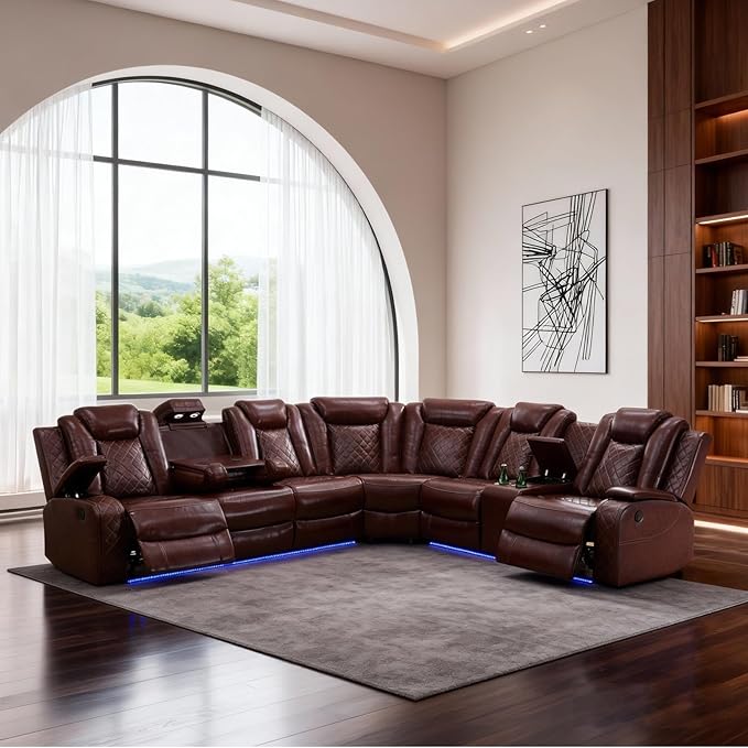 Power Reclining Sectional Sofa with Air Leather Upholstery, Electric Adjustable Recliner Couch, Quiet Motor Support, Home Theater Seating with Wireless Power, Cup Holders, Storage for Living Room