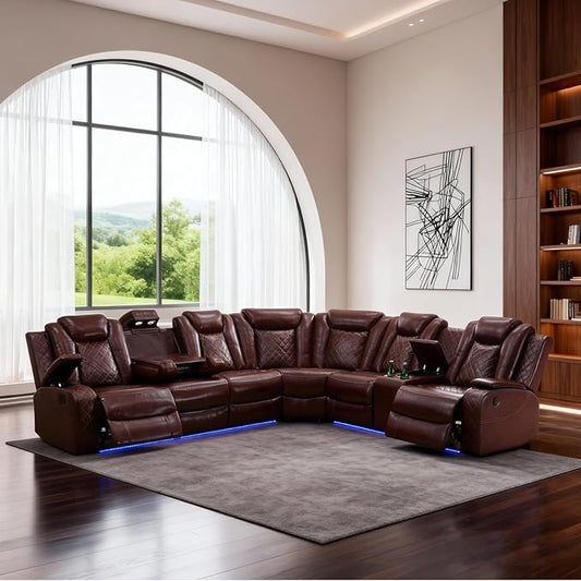Power Reclining Sectional Sofa with Air Leather Upholstery, Electric Adjustable Recliner Couch, Quiet Motor Support, Home Theater Seating with Wireless Power, Cup Holders, Storage for Living Room