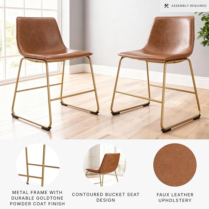 Signature Design by Ashley Lexadine Industrial Faux Leather Upholstered 30" Bar Height Dining Chair, Set of 2, Light Brown & Gold