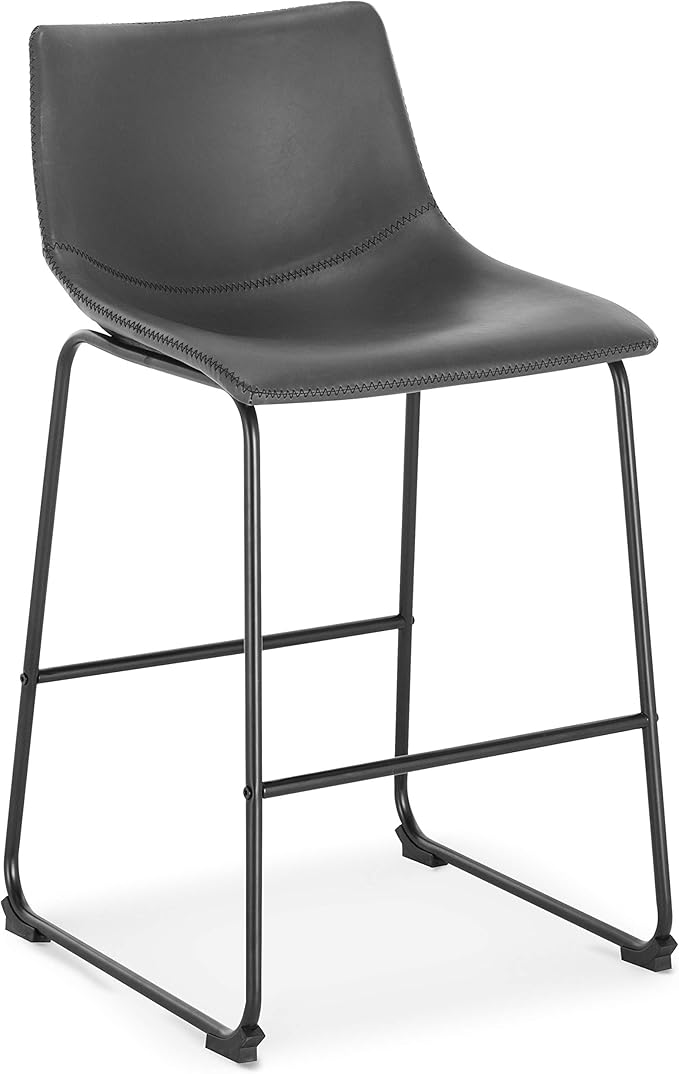 POLY & BARK Brinley Counter Stool Set of 3 – Modern Armless Counter-Height Stools with Gently Curved Backrest and Wood Legs – Gray – Faux Leather Seating for Kitchen Island or Breakfast Bar