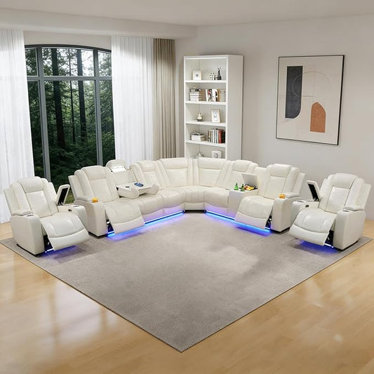 Power Recliner Sectional Sofa Set, Creamy Leather Sectional Couch and 2 Chairs for Living Room, L Shape Reclining Sofa with Cup Holder, Hidden Storage, Drop-Down Table for House(7 Seat)