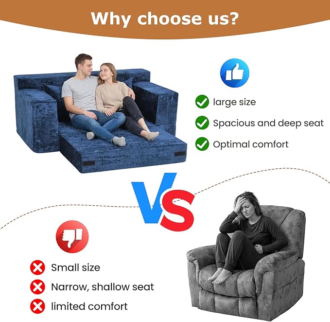 Convertible Sofa Bed, 5 in 1 Small Boneless Couch Pull Out Loveseat Sleeper Sofa,Corduroy Futon Couch Folding Mattress with 4 Pillows for Living Room (Blue, Loveseat(Silky Velvet))