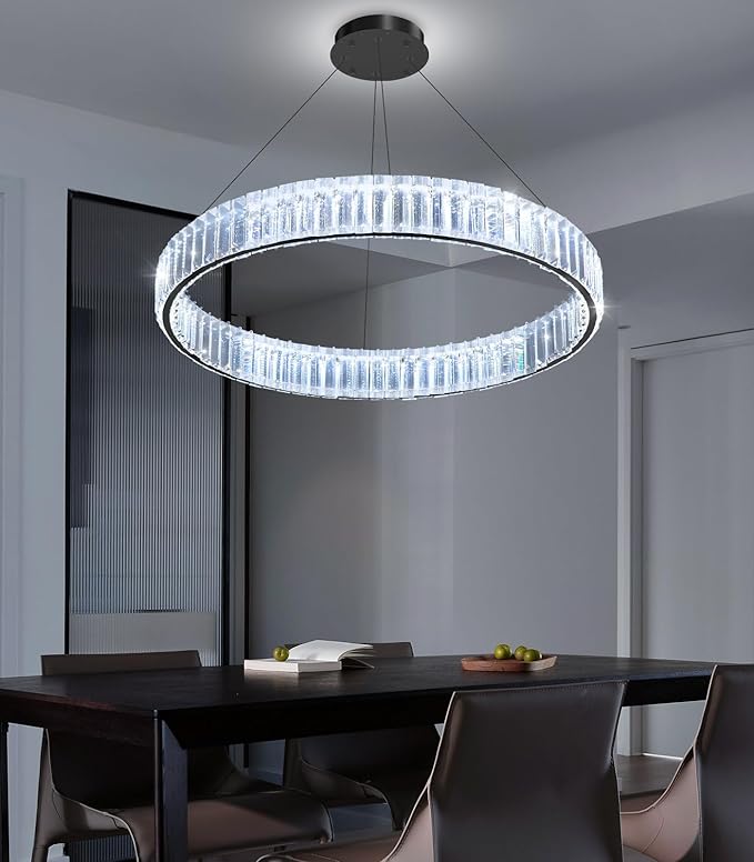 24'' Modern Ring Chandelier Crystal Chandeliers for Dining Room Round LED Dimmable Ceiling Light Fixture for Living Room Bedroom Lighting Black