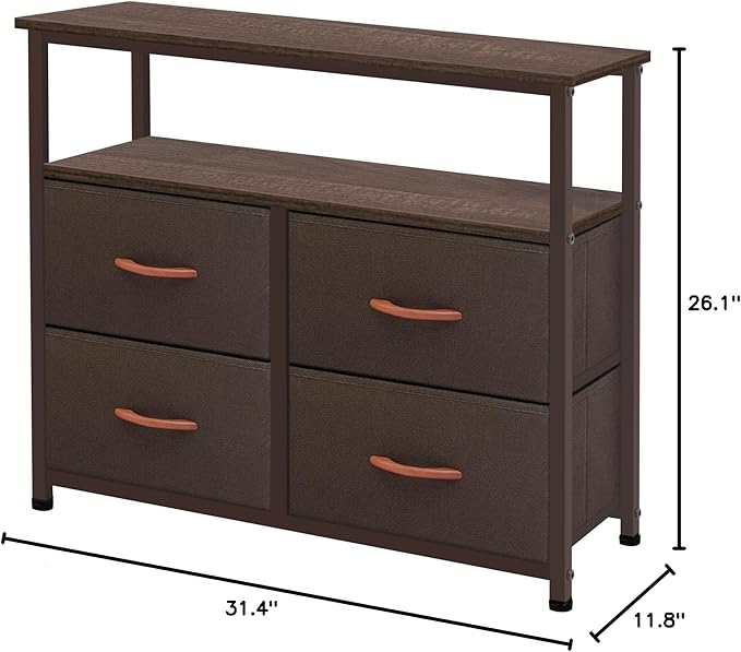 Dresser for Bedroom, 4 Drawer Organizer Unit with Open Shelves, Sturdy Steel Frame, Wooden Top Fabric Dressers & Chest of Drawers for Nursery, Living Room, Office, Closet Storage, Coffee