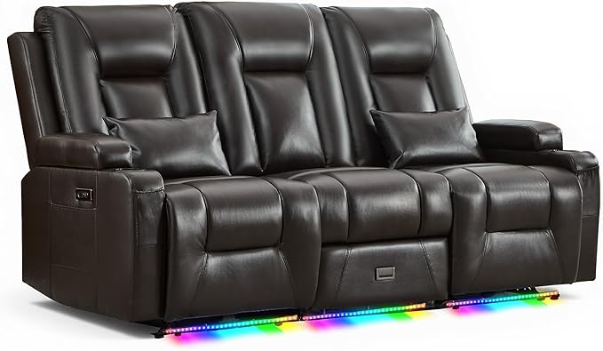URRED Power Loveseat Recliner Sofa with Console, Wall Hugger Reclining Loveseat RV Couch with LED Light, 150° Zero Gravity Recliners Modular Couches for Living Room (Glossy Brown, 77.3'' - 3 Seats)