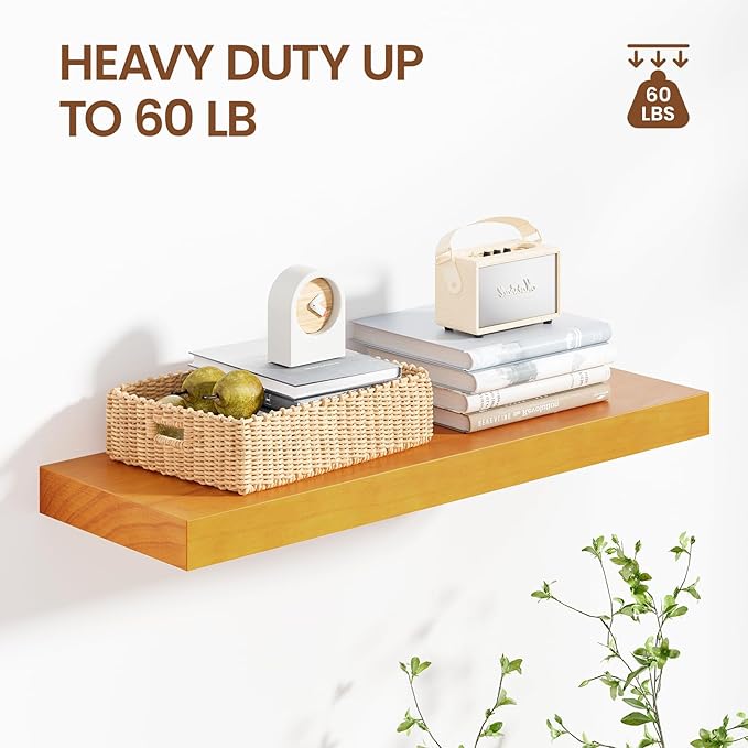 Heimlove 24 Inch Floating Shelves for Wall Brown Shelves Set of 2,Wall Mounted Rustic Wood 8 Inch Deep Floating Shelf with Invisible Brackets for Bedroom Kitchen Living Room