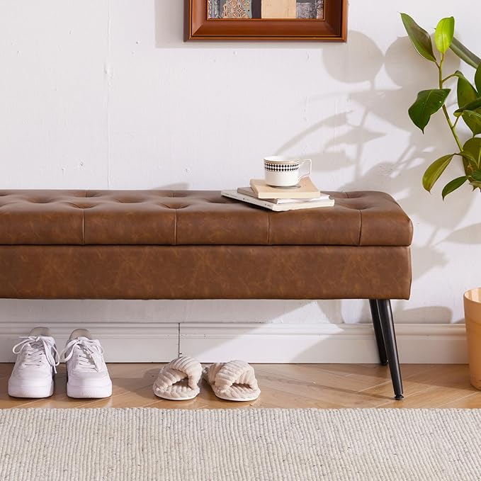 CUYOCA Storage Ottoman Bench Bed, 40" Faux Leather Tufted Entryway Bench, Long Ottoman with Storage for Living Room, Support 660lbs - Retro Brown
