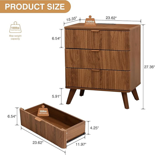 Fluted 3 Drawer Small Dresser for Bedroom, Mid Century Modern Nightstand with Charging Table Top, Low Bedside Table for Closet Cloth, End Table Short Storage, Living Room, Dorm -Walnut