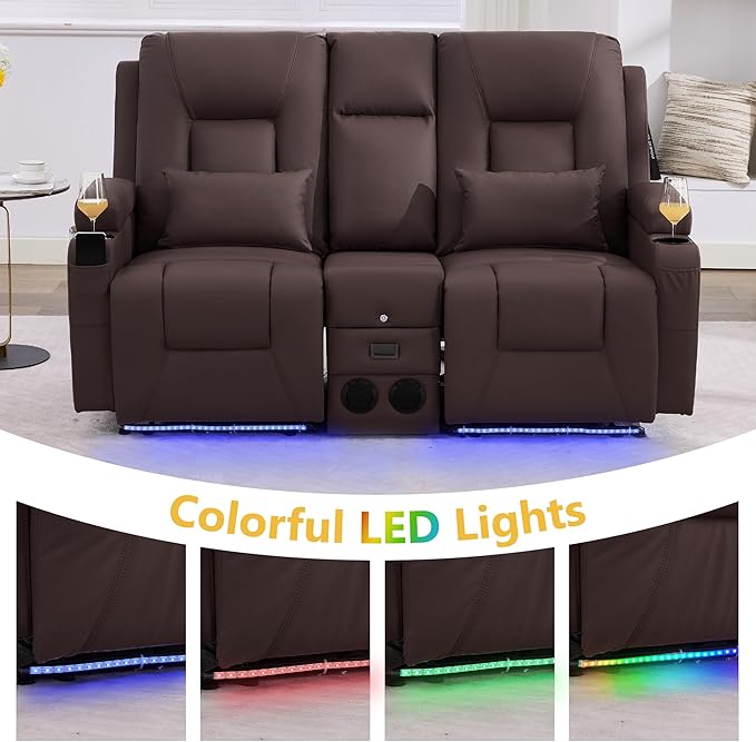 URRED Power Loveseat Recliner Sofa with Console, Wall Hugger Reclining Loveseat RV Couch with LED Light, 150° Zero Gravity Recliners Modular Couches for Living Room (Dark Brown, 68.1'' - 2 Seats)