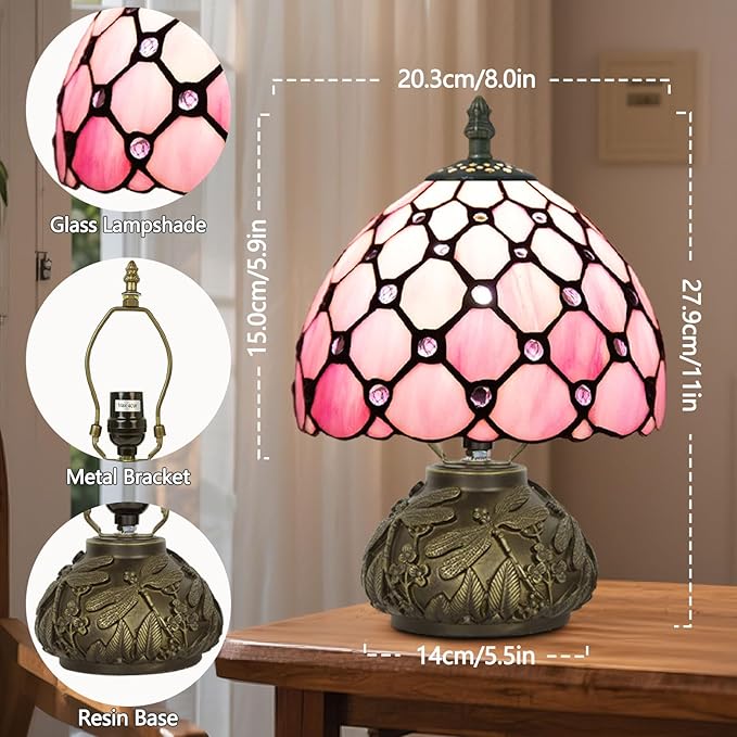 Small Tiffany Table Lamp,Stained Glass Lamp,8 Inch Mushroom Style Mini Vintage Desk Lights for Bedside, Bedroom,Nightstand,Living Room,3 Color Temperature (Pink)