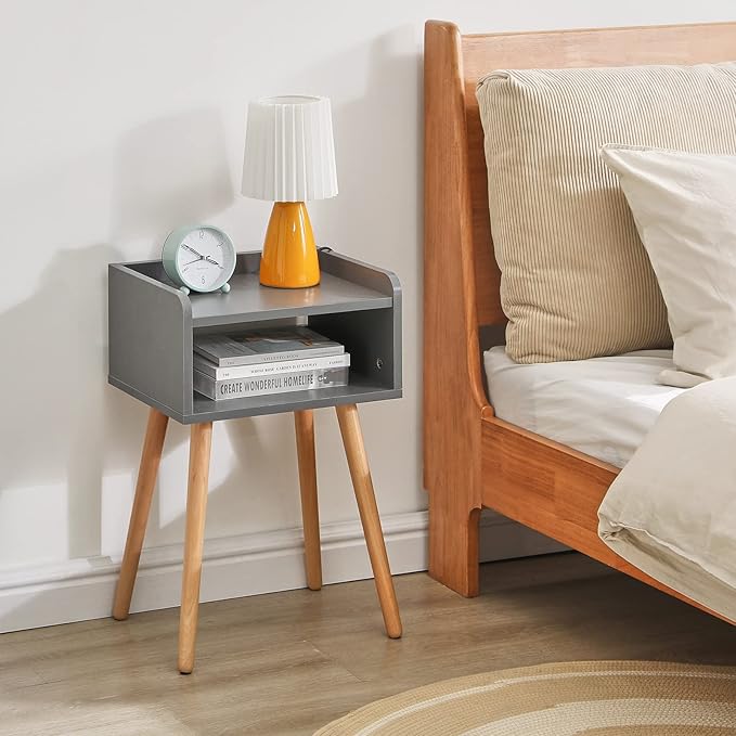 IBUYKE Nightstand, Mid-Century Modern Bedside Table with Solid Wood Legs, Minimalist and Practical End Side Table with Open Storage Shelf, for Living Room/Bedroom/Office, Grey UWNS003G