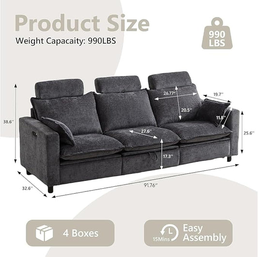 GUEAPY Power Reclining Sofa Cloud Couches for Living Room-Cloud Couch Sectional with Drawer,3 Seater Reclining Couches, Chenille Deep Reclining Sofa with Pillows, USB&Type-C Ports for Livingroom | Cloud Couch, Drawer, Deep Seat