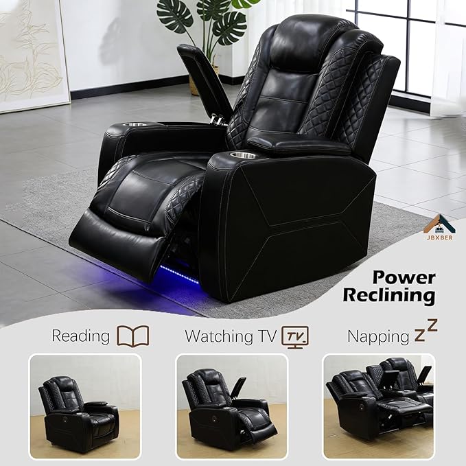 Power Reclining Sofa Set for Living Room, Leather Recliner Chair with Arm Cup Holders, Arm Storage for House/Home Teather(Single Chair, Black)