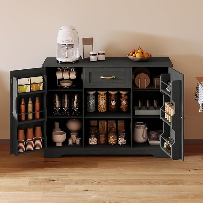 Gizoon Coffee Bar Cabinet with Door and Shelves Kitchen Hutch with Countertop, Kitchen Buffer Cabinet with Storage for Bedroom and Living Room, Black