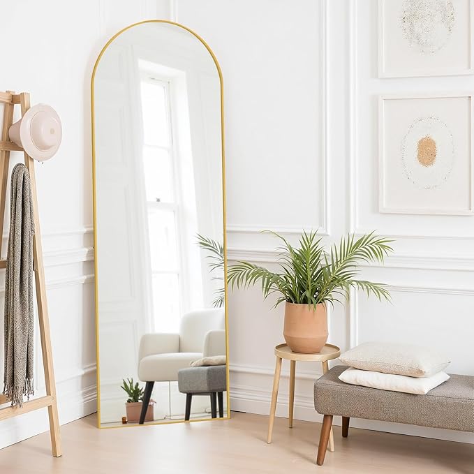 Mirror Full Length 64"x21" Arched Floor Mirror with Stand, Aluminum Alloy Frame & Shatterproof Glass Full Body Mirror, Freestanding Hanging or Leaning Wall Mirrors for Bedroom Closet Living Room