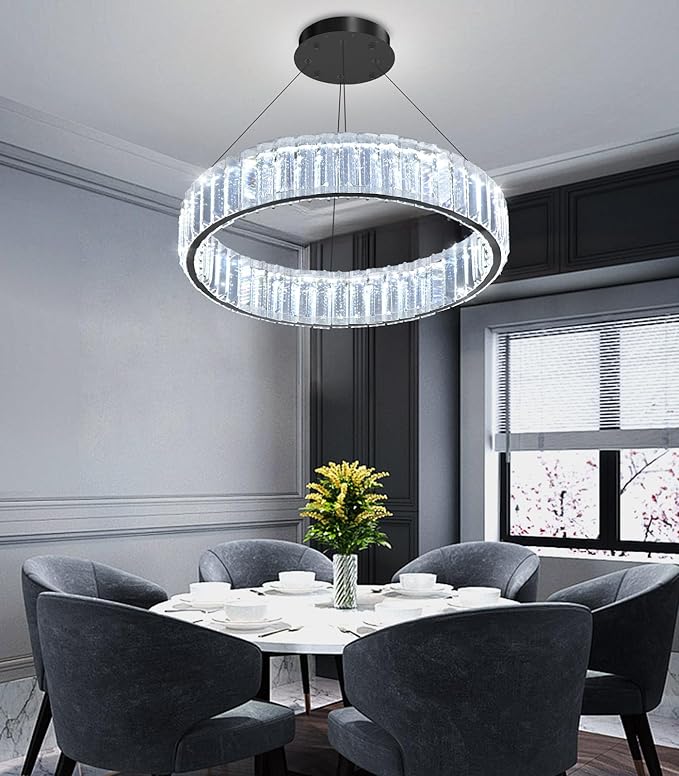 16'' Modern Ring Chandelier Crystal Chandeliers for Dining Room Round LED Dimmable Ceiling Light Fixture for Living Room Bedroom Lighting Black