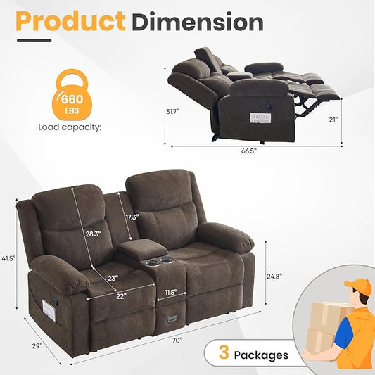 Reclining Loveseat with Console, Loveseat Recliner Sofa with Massage & Heating, RV Wall Hugger Double Loveseat Recliner Couch for Living Room & Home Theater (Chenille-Brown-2)