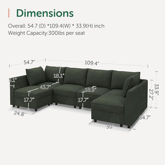 HONBAY Modular Sectional Sofa Couch with Storage, Modern U Shaped Sectional Sofa, Convertible Sectional Couch for Living Room - Green