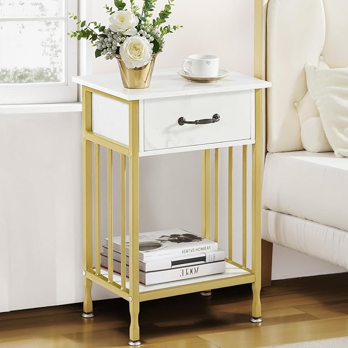 VECELO Nightstands, Industrial Side Table/End Tables with Drawer and Storage Shelf, Night Stands for Bedroom, Living Room, Wood Metal Furniture, Easy Assembly,Gold,l Set