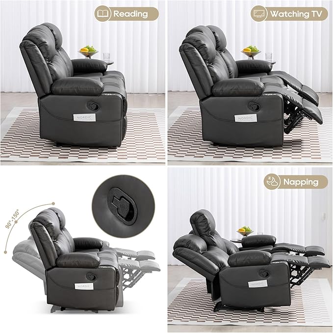 Manual Reclining Sofa - 3 Seat Recliner Sofa with Heat & Massage Function, Wall-Hugger Reclining Sofa for Living Room (Grey) | Cup Holder, Side pocket