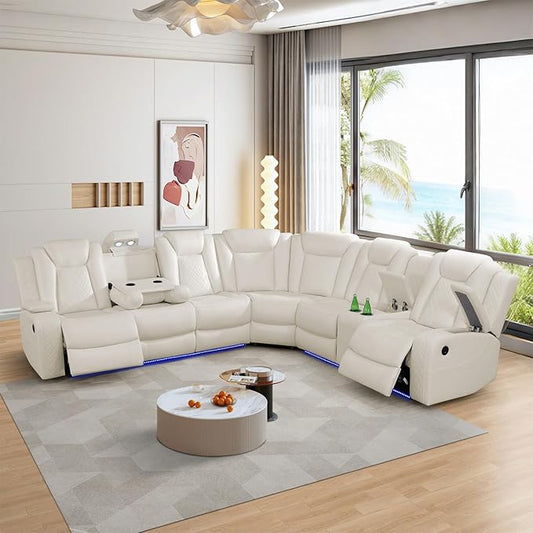 Power Reclinier Sectional Sofa,White Leather Reclining Sectional Modular Sofa,L Shaped Leather Couch with LED Lights/USB Charger/Cup Holders/Storage Console/Storage Armrest/Coffee Table(L)