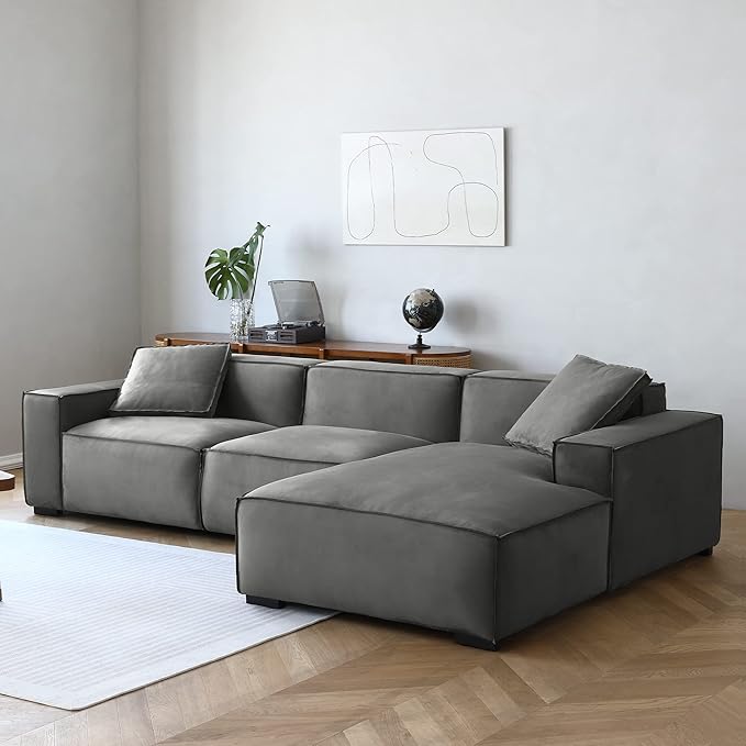 Acanva Modern L-Shaped Deep Sectional Sofa Furniture Set for Living Room Lounge, Minimalist Style Comfy Suedette Upholstery Corner Couch with Chaise, Grey