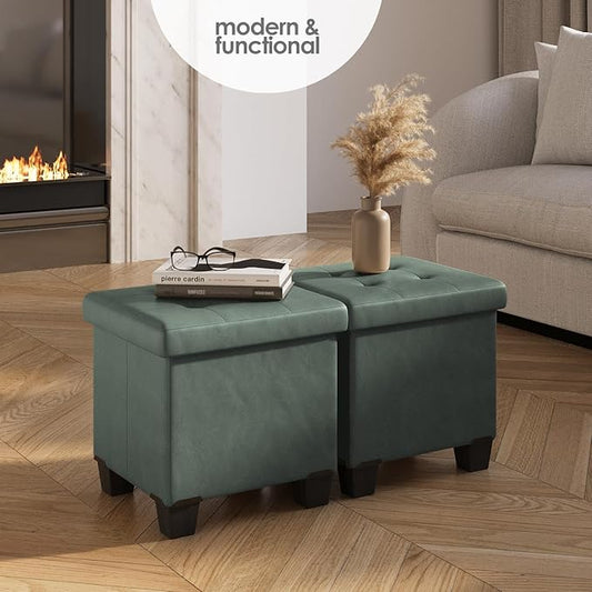 Storage Ottoman Cube with Small Bin, 15-in Square Ottoman with Storage for Living Room and Bedroom, Small Ottomans Foot Rest, Leather Foot Stools Ottomans Max 330lbs, Green