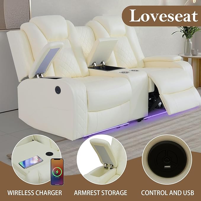 Power Reclining Sofa Sets for Living Room, Leather Recliner Sofa Set with LED Light, Cup Holder, Console Storage, Charging Pad for Home Theater Seating(Sofa and Chair,Cream)