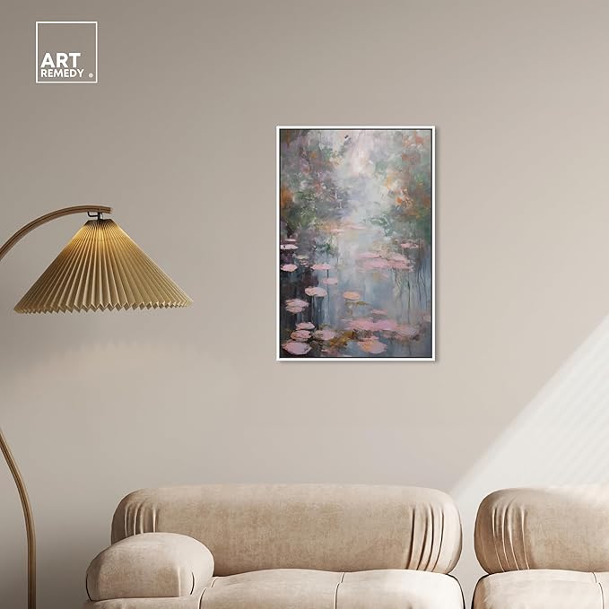 Art Remedy Pink Impressionisty Lilypads Framed Impressionism 1 Piece Canvas Wall Art/Monet And Van Gogh Inspired Art, 21" x 31", White Frame