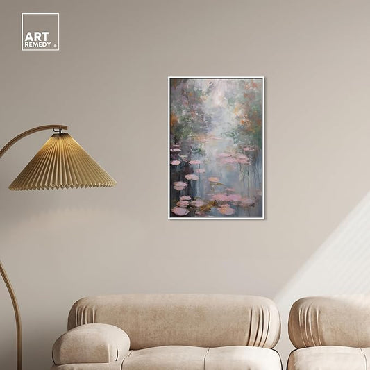 Art Remedy Pink Impressionisty Lilypads Framed Impressionism 1 Piece Canvas Wall Art/Monet And Van Gogh Inspired Art, 21" x 31", White Frame